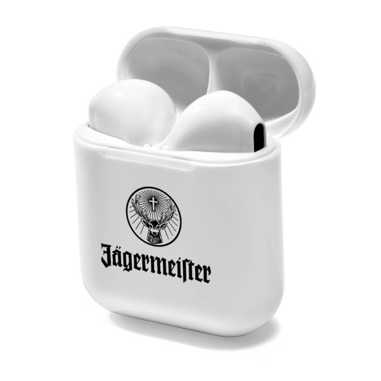company branded wireless ari buds in charging case