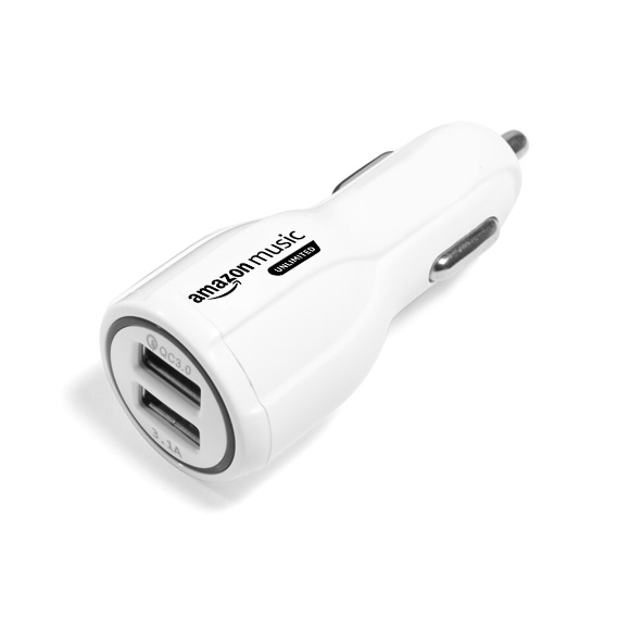 Branded car charger white with black logo