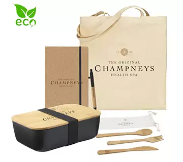 Eco Onboarding Pack: 5oz Reusable Cotton Tote Bag, Reusable Eco Cutlery, Reusable Lunch Box, A5 Corker Notebook and Corky Pen