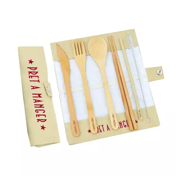 Branded bamboo cutlery set in cotton pouch with a knife, fork, spoon, chopsticks and a straw with a handy cleaning brush