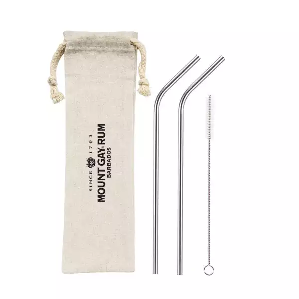set of 2 branded metal straws with pouch & cleaning brush