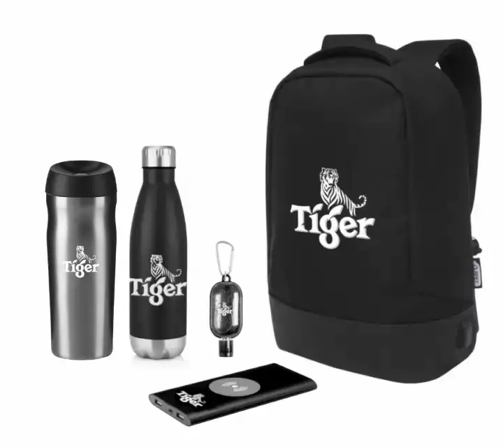 Cool Commuter Staff Onboarding Pack: Logo branded termos, drinks bottle, hand sanitiser, charger and backpack