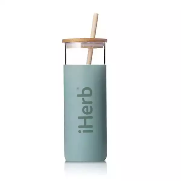 Logo branded glass tumbler with bamboo straw